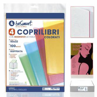 COPRILIBRI COLORATI 50X32CM 100MIC CON ADESIVO LATERALE SET 4PZ BE SMART - BeSmart School & Office