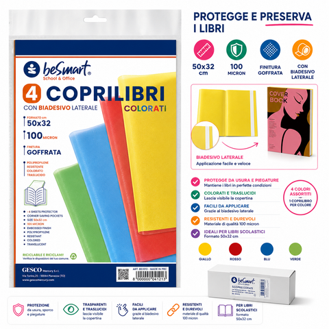 Set of 4 colored book covers 50x32 cm 100mic with adhesive on the short side Be Smart