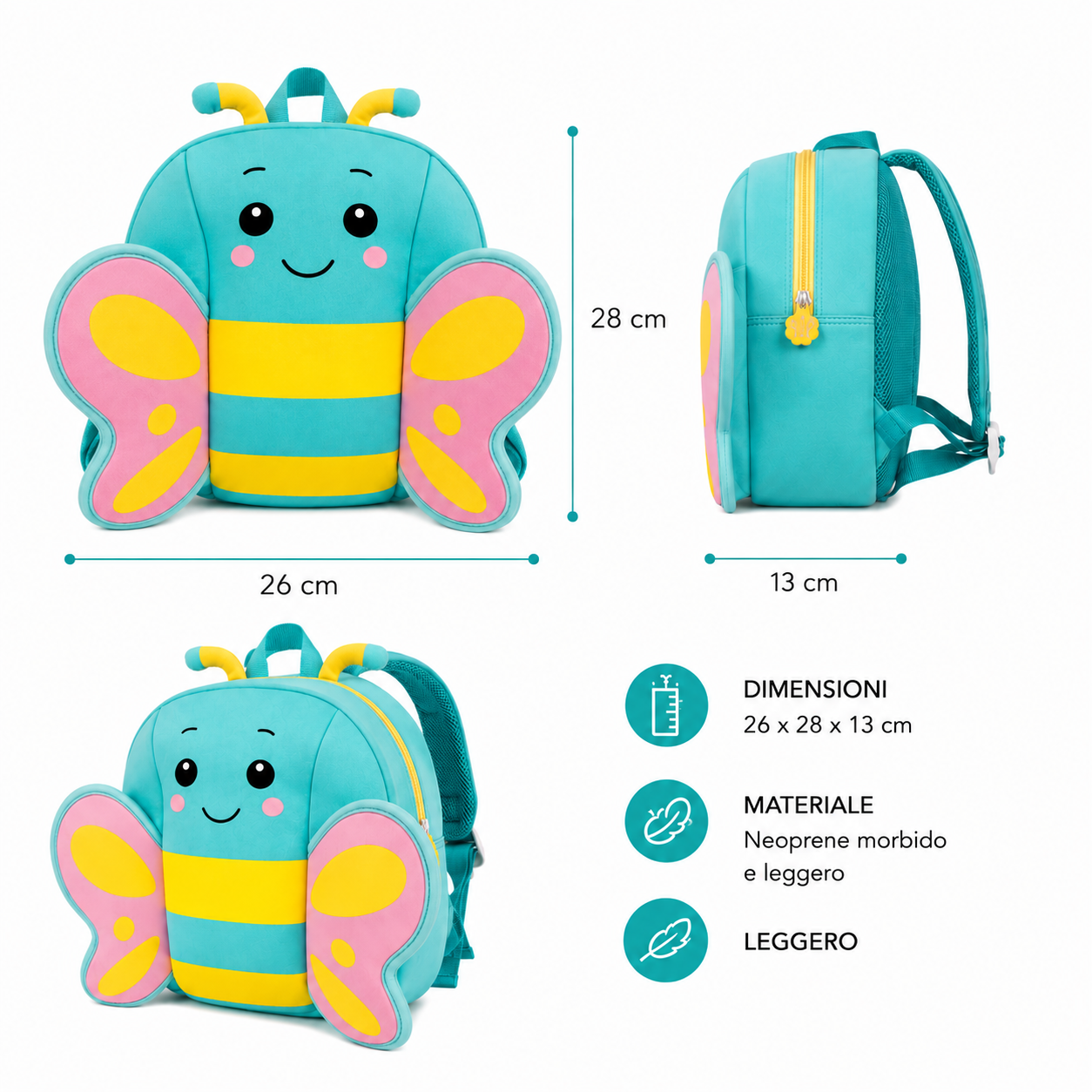 Zaino Asilo Farfalla BeSmart Kids Neoprene 26x28x13 cm | Zainetto bambini assortito per cartolerie