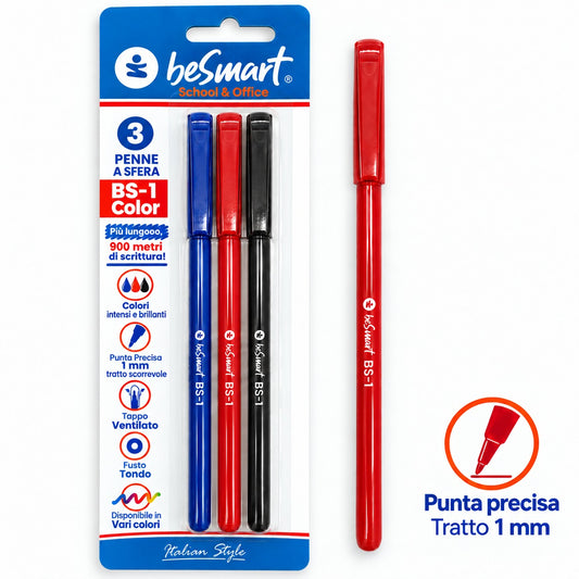 Penne BS1-color assortiti b/n/r in blister da 3 pezzi Be Smart
