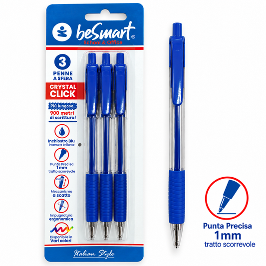 Blister 3 penne blu click crystal Be Smart