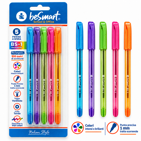 Be Smart BS1-rainbow pens in blister pack of 5