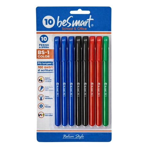 Penne BS1-color assortiti b/n/r/v in blister da 10 pezzi Be Smart