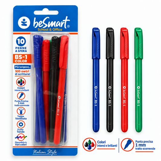 Penne BS1-color assortiti b/n/r/v in blister da 10 pezzi Be Smart