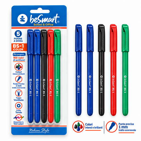 Penne BS1 color b/n/r/v in blister da 5 pezzi Be Smart