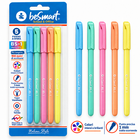 BS1-pastel pens in blister pack of 5 Be Smart