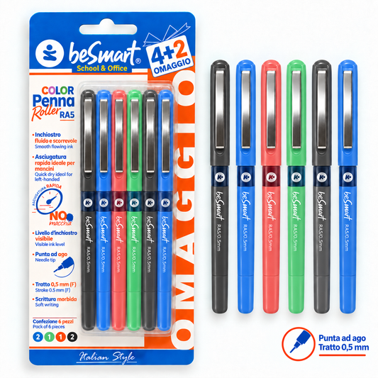 Blister 4+2 omaggio penne roller RA5 4 colori assortiti Be Smart