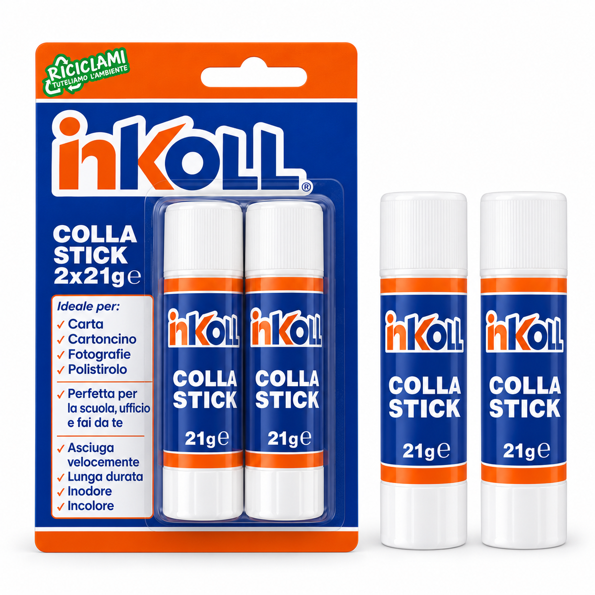 Colla stick 21 gr in blister da 2 pezzi Inkoll