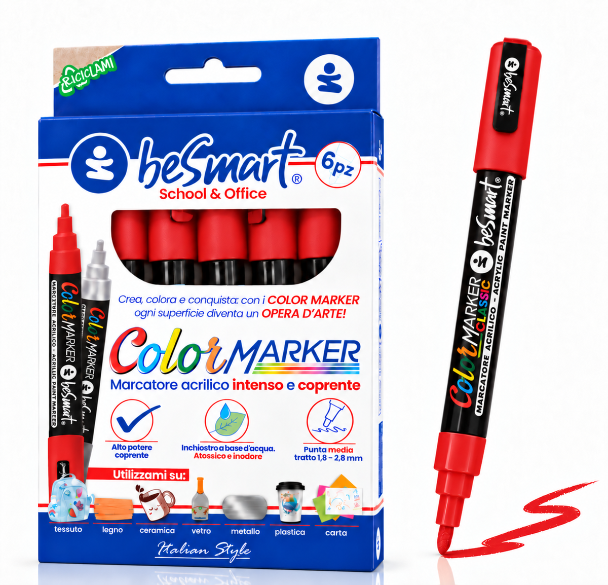 Color marker rosso 6 pezzi in box Be Smart