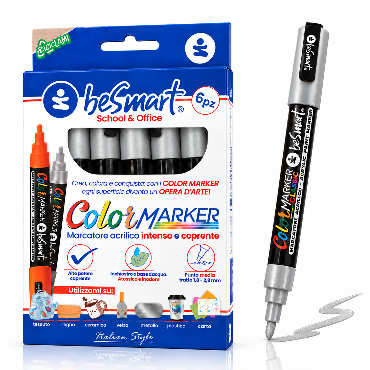 Color marker metal argento 6 pezzi in box Be Smart