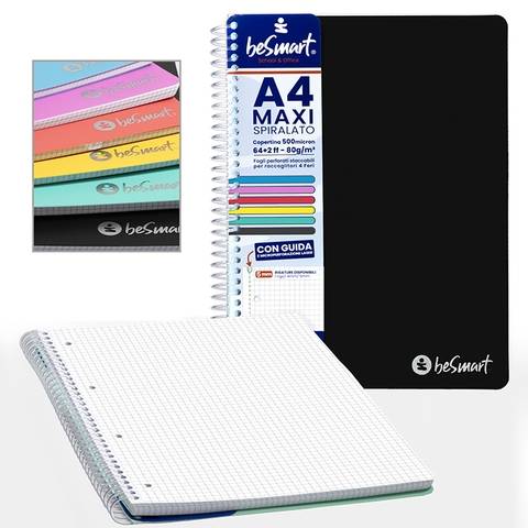 Quaderno Spiralato Maxi A4 5mm PVC Colori Brillanti BeSmart 64 Fogli | Quaderno a quadretti per cartolerie