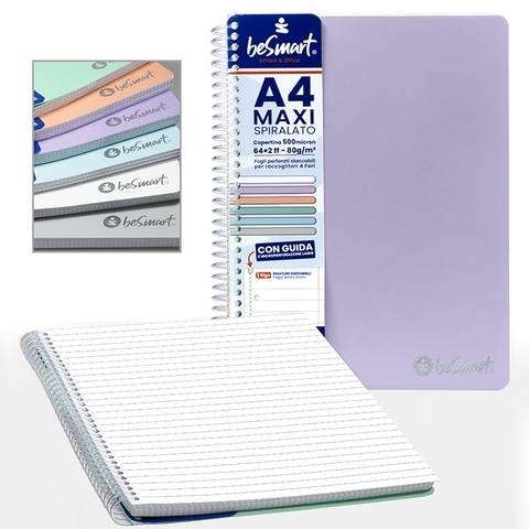 Quaderno Spiralato Maxi A4 5mm PVC Pastel BeSmart 64 Fogli | Quaderno a quadretti per cartolerie