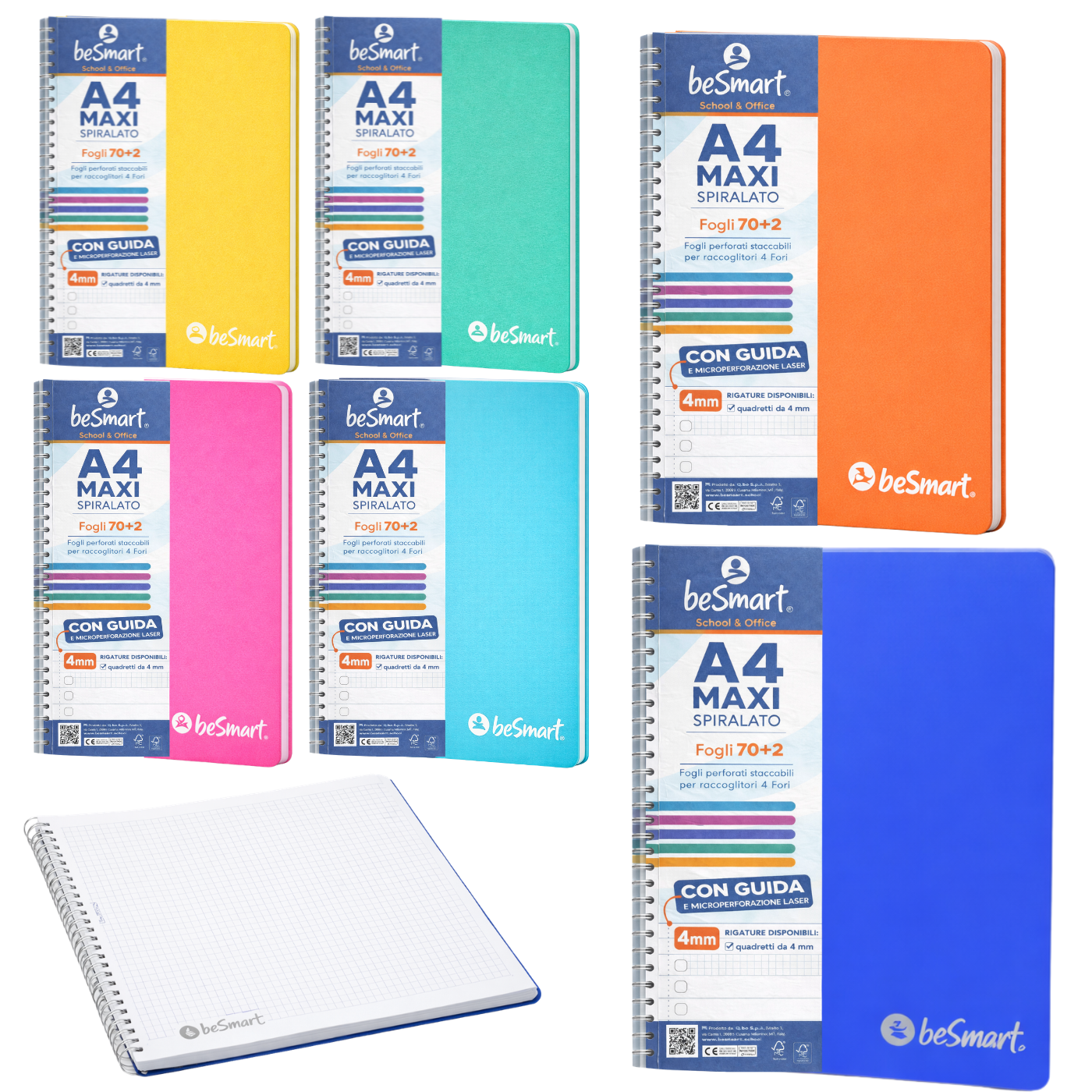 Quaderno Spiralato Maxi A4 4mm Lumia BeSmart 70 Fogli | Quaderno a quadretti per cartolerie