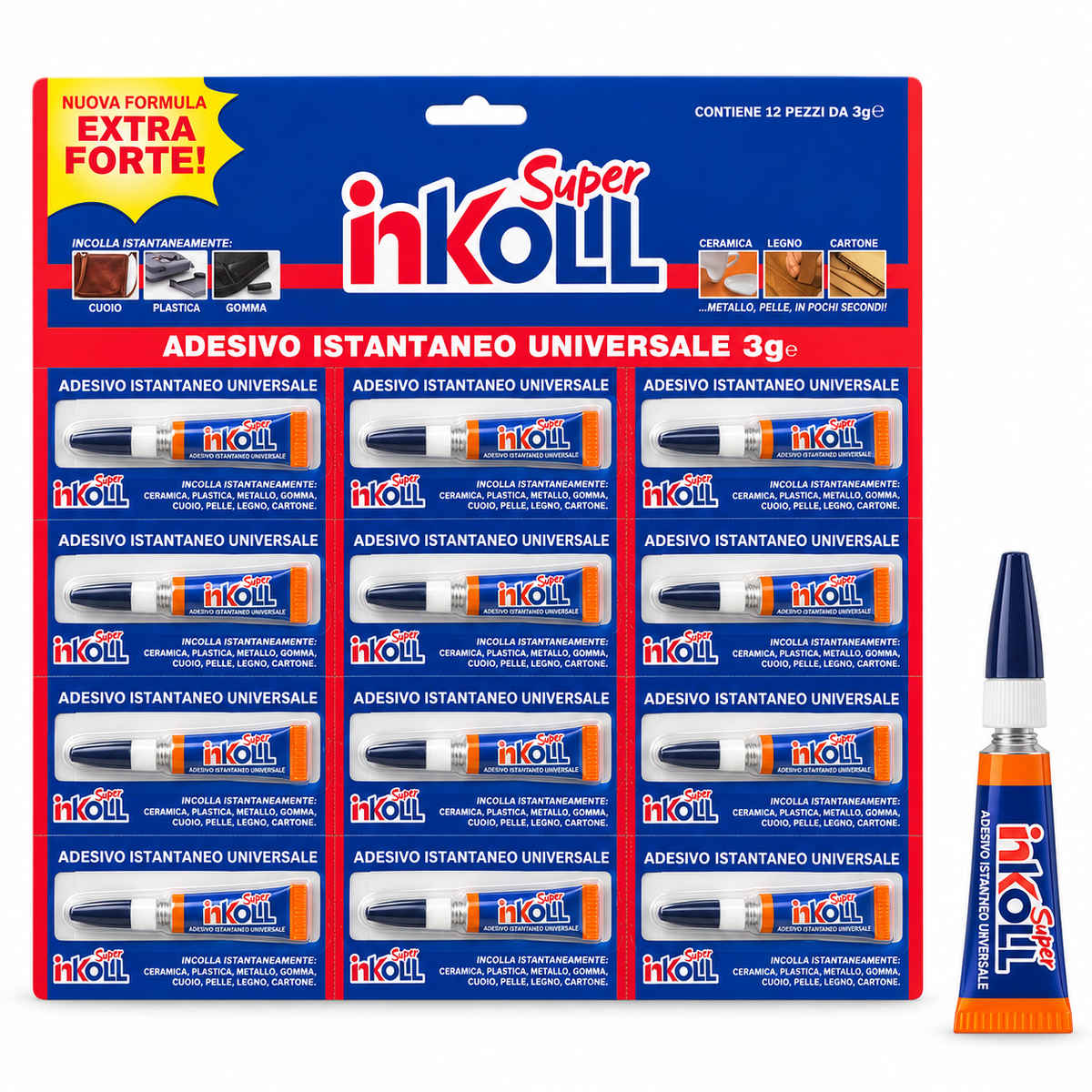 Super Inkoll 3 g – Colla Istantanea Universale su Cartella da 12 Pezzi