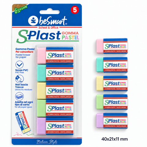 Pastel S-plast eraser in a blister pack of 5 Be Smart