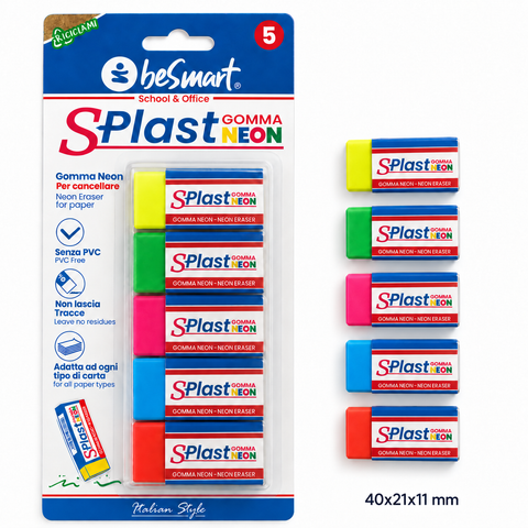 5-piece Blister Pack of Be Smart Neon S-Plast Erasers