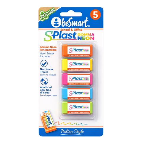 5-piece Blister Pack of Be Smart Neon S-Plast Erasers