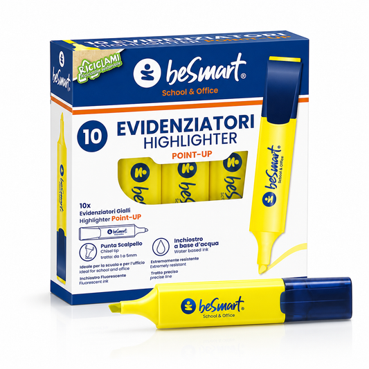 Yellow highlighter in a box of 10 Be Smart Point Up
