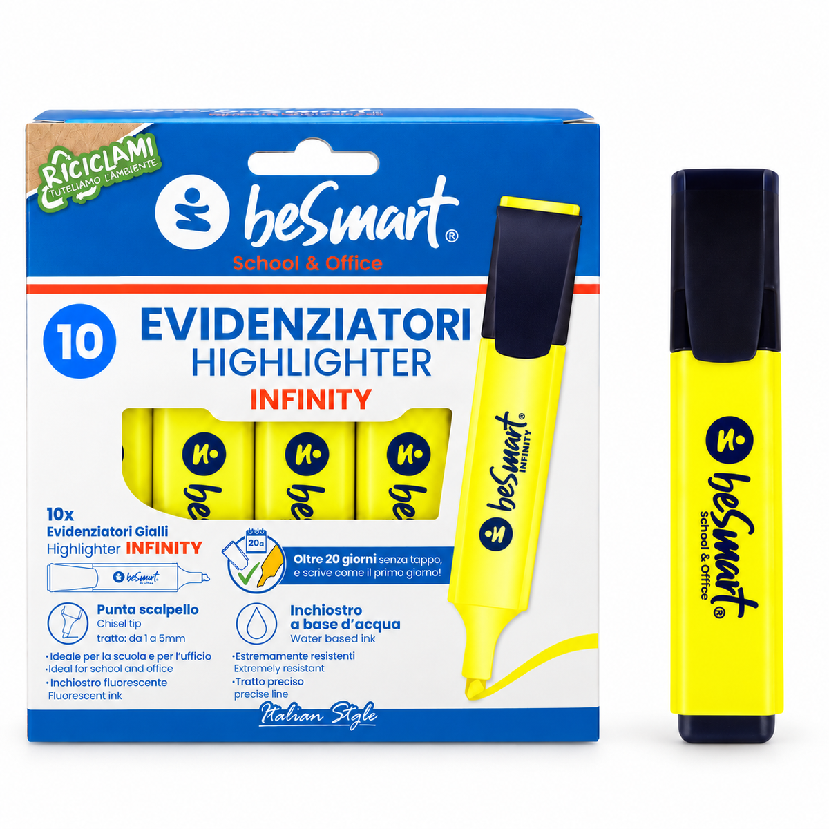Yellow highlighter in a box of 10 Be Smart Point Up