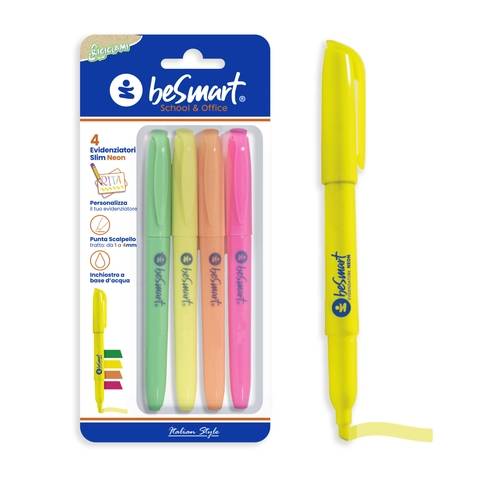 Neon slim highlighters in blister pack of 4 Be Smart