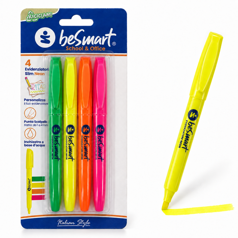 Evidenziatori slim neon in blister da 4 pezzi Be Smart