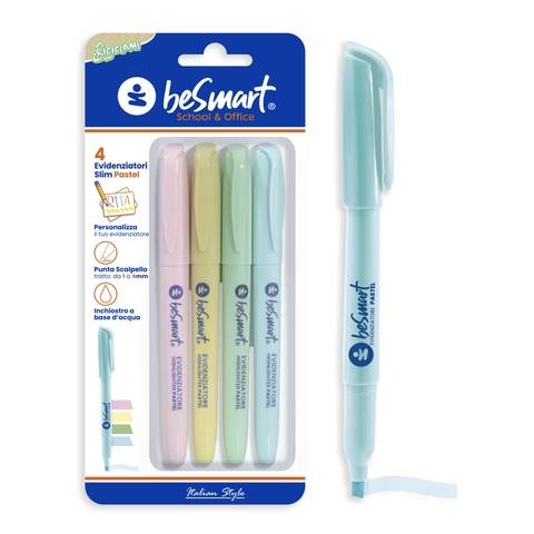 Evidenziatori slim pastel in blister da 4 pezzi Be Smart