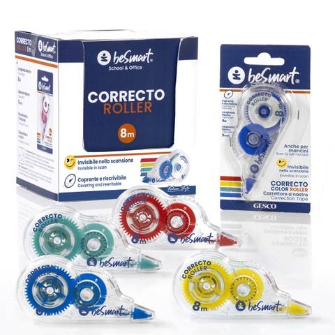 Correttore in blister Correcto color roller 8 mt in box da 12 pezzi, 4 colori assortiti Be Smart