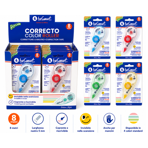 Correttore in blister Correcto color roller 8 mt in box da 12 pezzi, 4 colori assortiti Be Smart