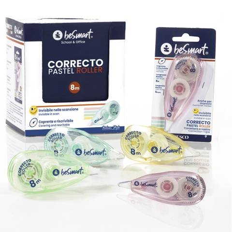 Correttore in blister Correcto pastel roller 8 mt in box da 12 pezzi, 4 colori assortiti Be Smart