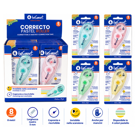 Correttore in blister Correcto pastel roller 8 mt in box da 12 pezzi, 4 colori assortiti Be Smart