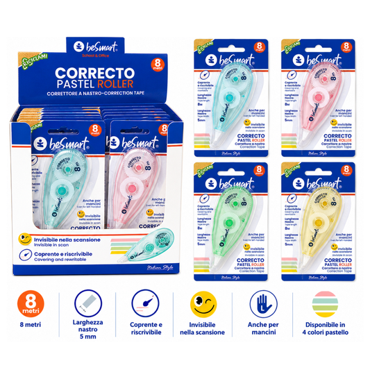 Corrector in blister Correcto pastel roller 8m in box of 12 pieces, 4 assorted colors Be Smart