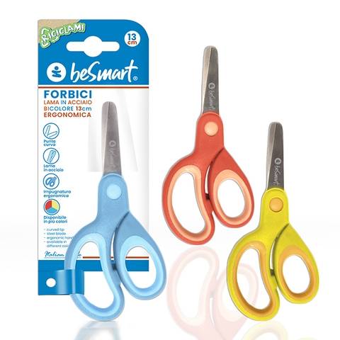 Forbici acciaio 13 cm - impugnatura ergonomica - 3 colori assortiti in blister Be Smart