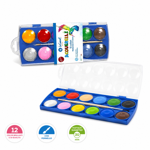 Box of 12 watercolors, 30mm diameter, with Be Smart brush