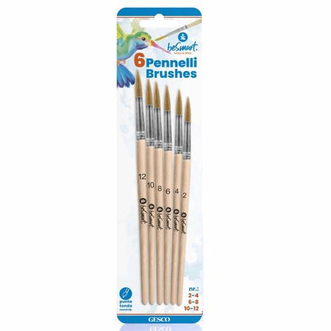 6 round tip wooden brushes 2-4-6-8-10-12 in blister Be Smart