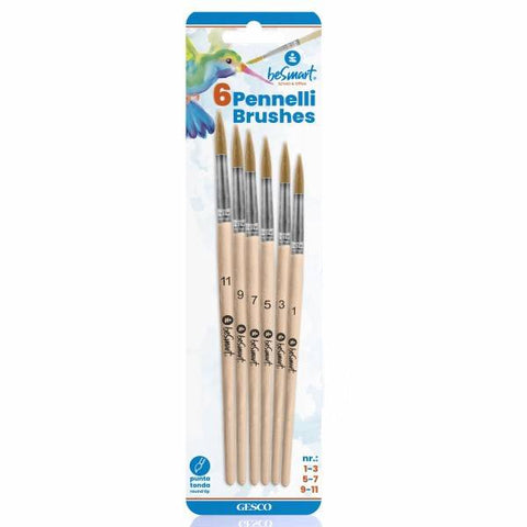 6 Round Bristle Wooden Handle Paintbrushes 1-3-5-7-9-11 Blister Pack Be Smart