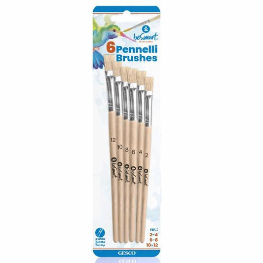 6 pennelli legno punta piatta 2-4-6-8-10-12 in blister Be Smart