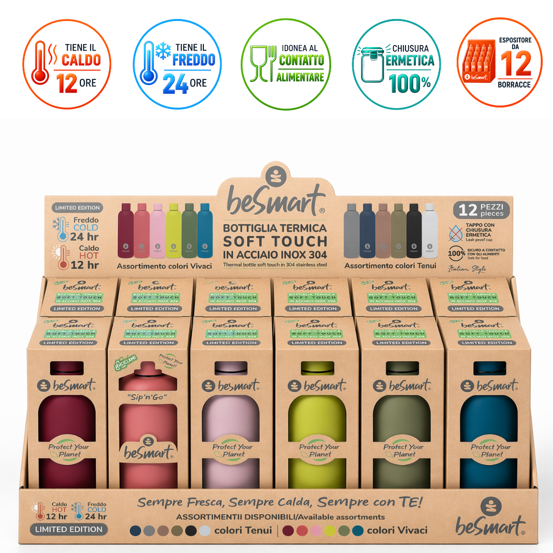 Bottiglia termica 500 ml soft touch color vivaci display da 12 pezzi Be Smart