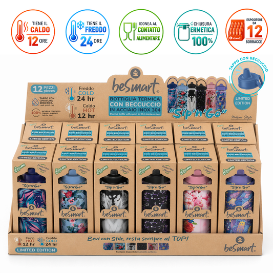 Bottiglia termica con beccuccio 500 ml fantasy 6 assortiti in display da 12 pezzi Be Smart