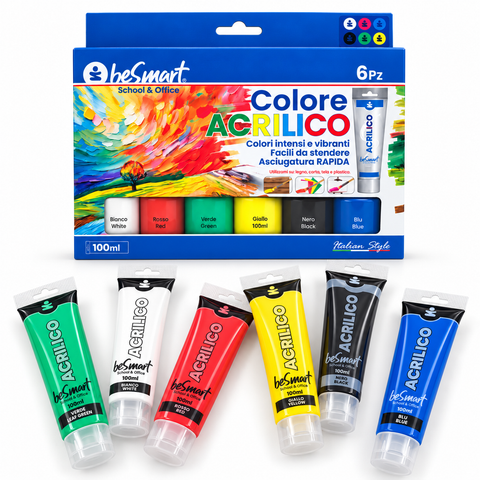 Tempera acrilica 6 colori assortiti 100 ml Be Smart