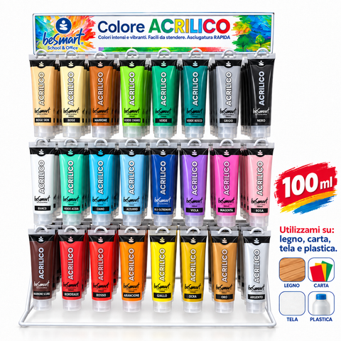 Espositore 144 tubi 100 ml tempera acrilica assortita Be Smart