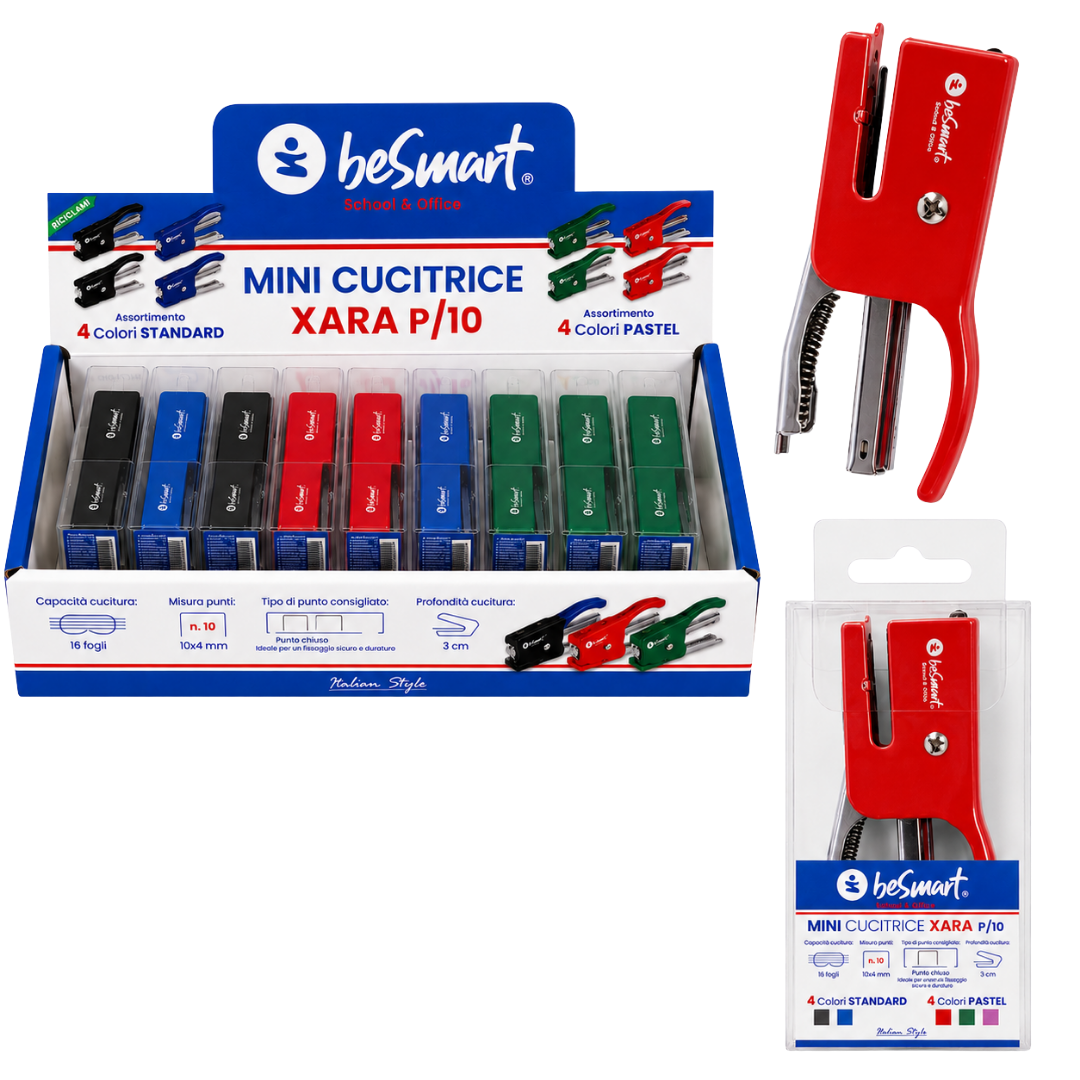 Mini cucitrice xara p/10 - 4 colori standard in display da 12 pezzi Be Smart