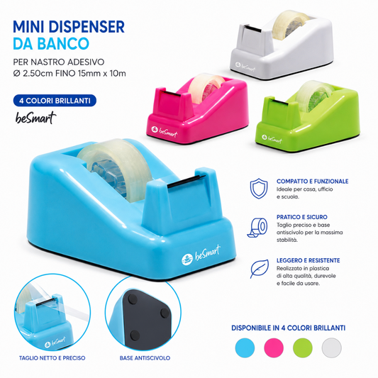 Mini dispenser da banco per nastro adesivo Ø 2.50cm FINO 15mm x 10m 4COL colori brillanti Be Smart