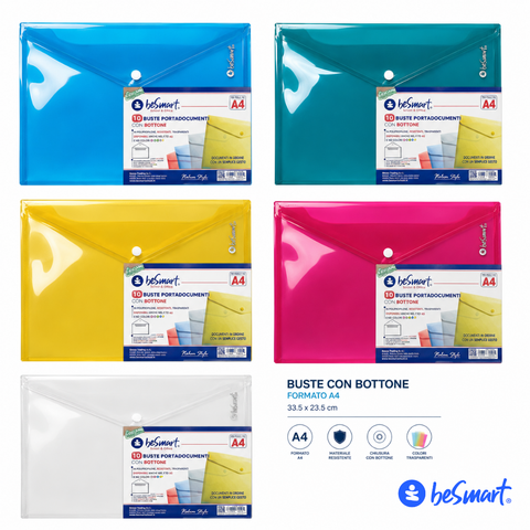 Busta portadocumenti A4 con bottone 5 colori assortiti Be Smart