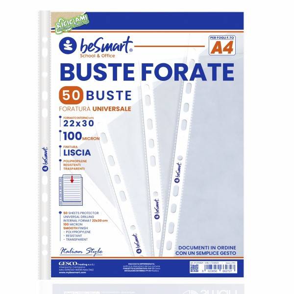 Buste forate medium lisce A4 cf 50 pezzi Be Smart