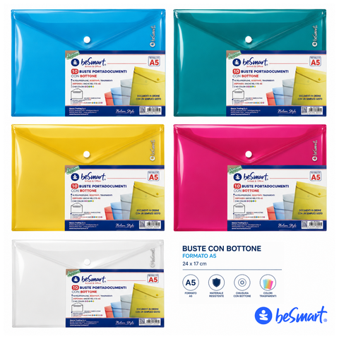 Busta portadocumenti A5 con bottone 5 colori assortiti Be Smart