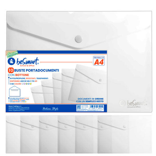 Buste portadocumenti A4 cf 10 pezzi con bottone trasparenti Be Smart