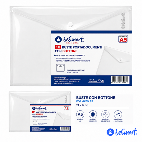 Buste portadocumenti A5 cf 10 pezzi con bottone trasparente Be Smart