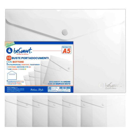 Buste portadocumenti A5 cf 10 pezzi con bottone trasparente Be Smart
