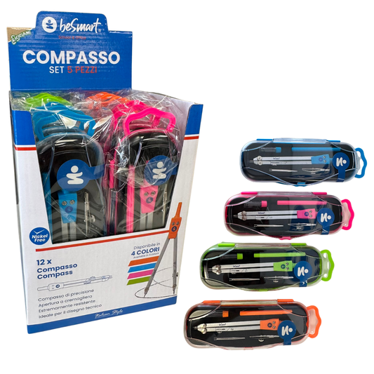 Compasso set 5 pezzi con tiralinee 4 colori assortiti in box da 12 pezzi Be Smart