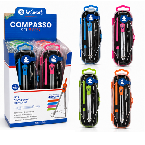 Compasso set 5 pezzi con tiralinee 4 colori assortiti in box da 12 pezzi Be Smart
